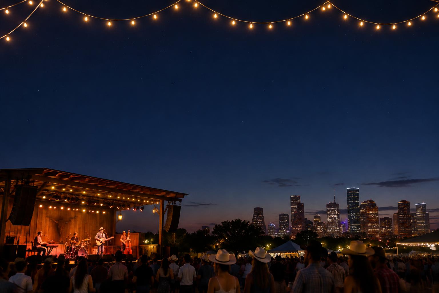 String lights above a western outdoor concert under the Houston night sky